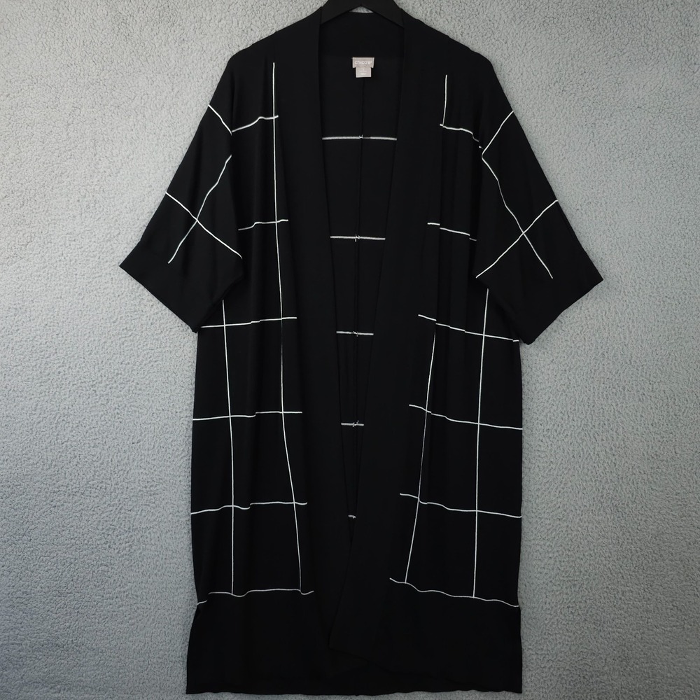 Chicos Sweater Womens 2 US L Black White Windowpane Plaid Duster Open Cardigan